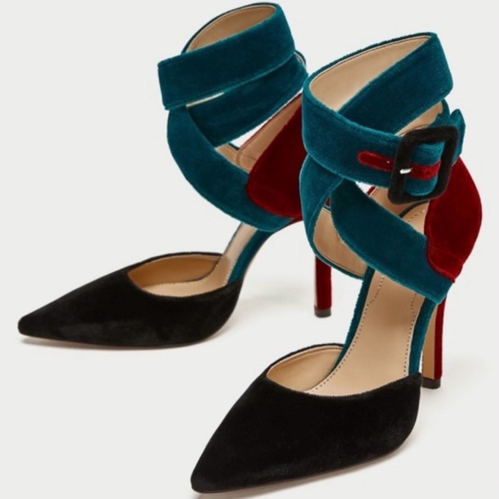 ZARA High Heel D'orsay Velvet Pointed Heels Shoes Ankle Wrap